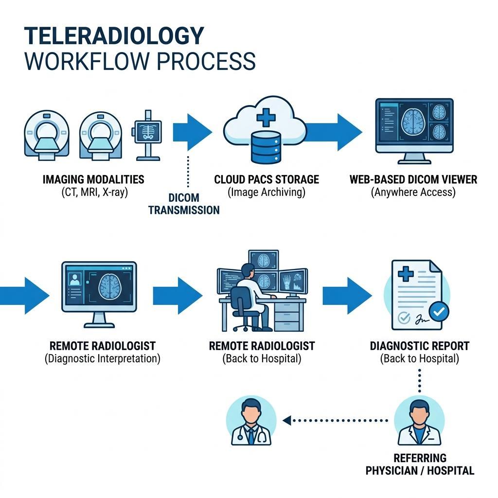 Diagramm des Teleradiologie-Workflows, das die DICOM-Übertragung, Cloud-PACS und den Befundungsprozess durch einen Fernradiologen zeigt